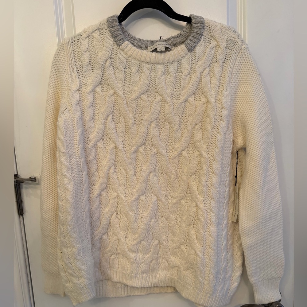 Women's Cable Knit Sweater - Cream with grey neckline